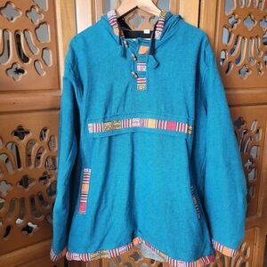 Aztec Anorak Tribal Southwestern Pullover Hoodie Festival Boho size Large